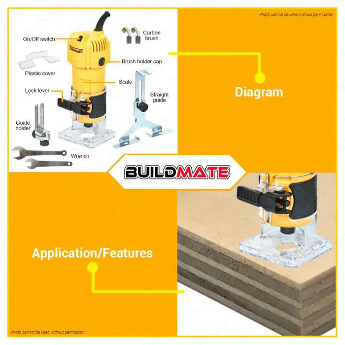 [COMBO] BUILDMATE Powerhouse Palm Router Trimmer 650W with 12PCS/SET SHIMARU Router Bit 1/4" Inch