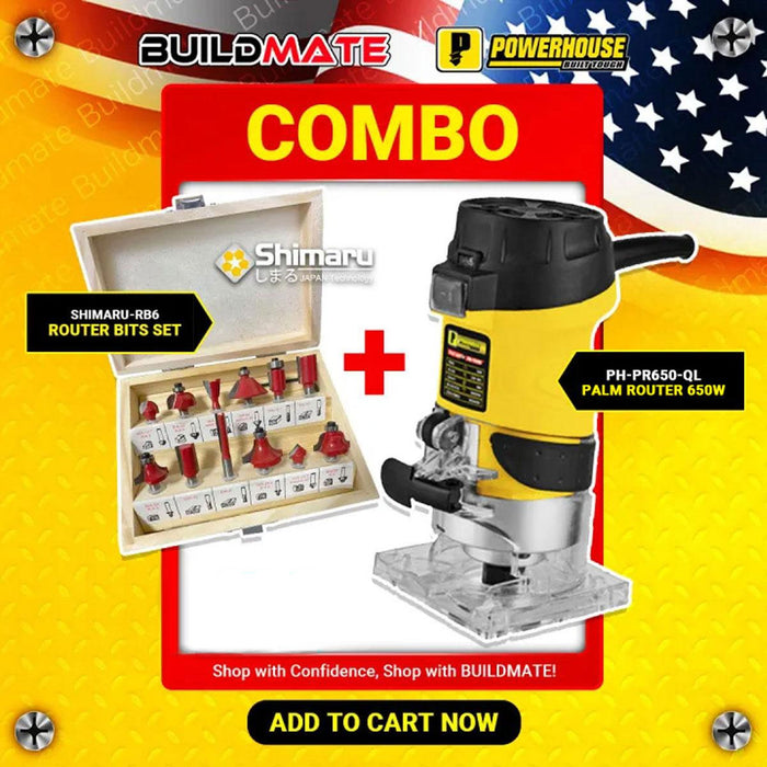 [COMBO] BUILDMATE Powerhouse Palm Router Trimmer 650W with 12PCS/SET SHIMARU Router Bit 1/4" Inch