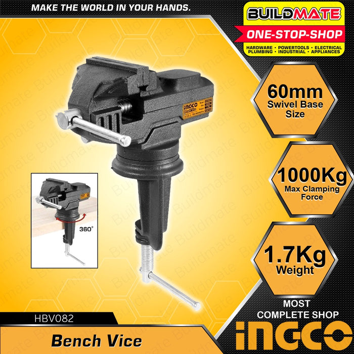 BUILDMATE Ingco Bench Vice 60MM with Anvil Body Cast Iron Bench Vise for Workbench Swivel Base Clamp Table Vise Clamp On Vise Hand Tools HBV082 • IHT