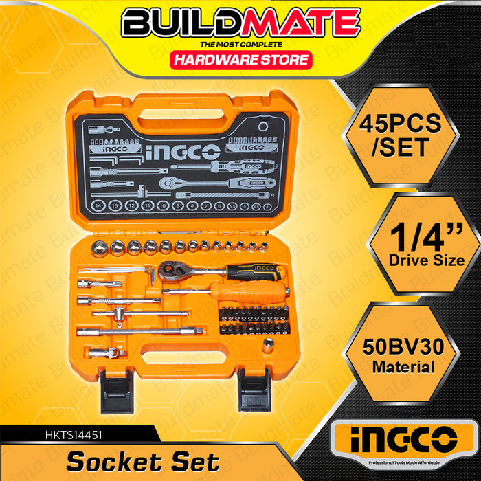 BUILDMATE Ingco 45pcs Socket Set 1/4" Socket with Ratchet Wrench, Universal Joint, and Screwdriver Bits DIY Automotive Hand Repair Tool Kit HKTS14451 - IHT