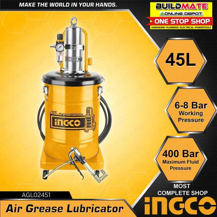 INGCO Pneumatic Air Grease Lubricator 45L Air Grease Gun Pump Air Grease Pump with Pressure Hydraulic Hose Pneumatic Grease Bucket Pump AGL02451 •BUILDMATE• IHT