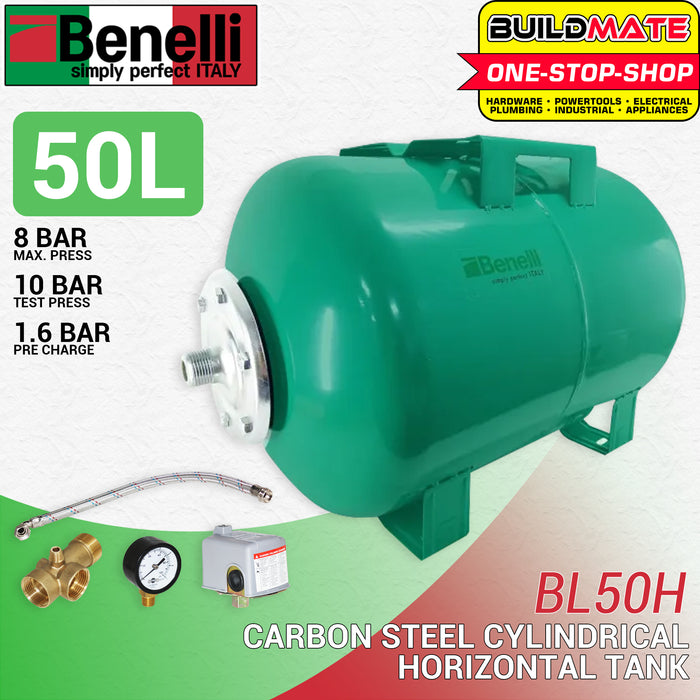 BENELLI Horizontal Bladder Tank 50L+ Switch, Gauge and Hose •BUILDMATE•