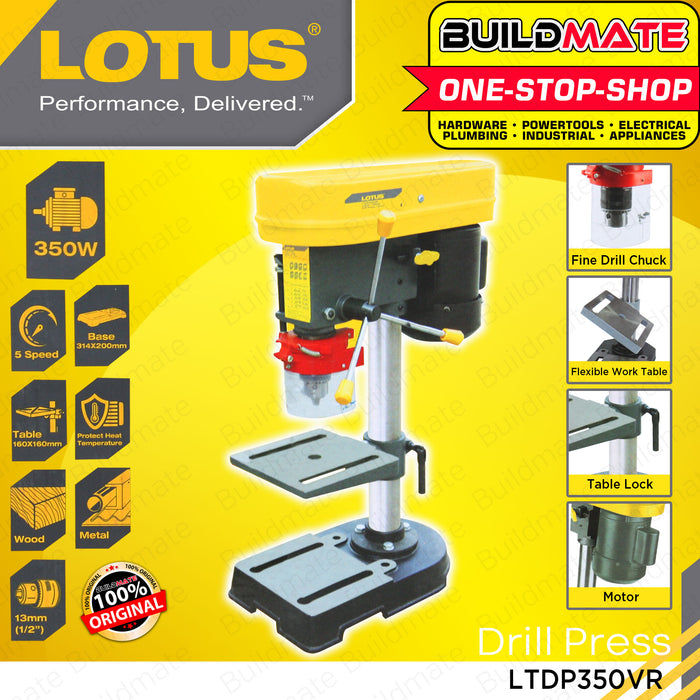 BUILDMATE Lotus Drill Press 13MM 350W 1/2HP 5-Speed Cast Iron Benchtop Drill Press Table Drill Bench Drill Press Bench Top Drilling Machine Electric Drill Press LTPD350 | LTDP350VR • LPT