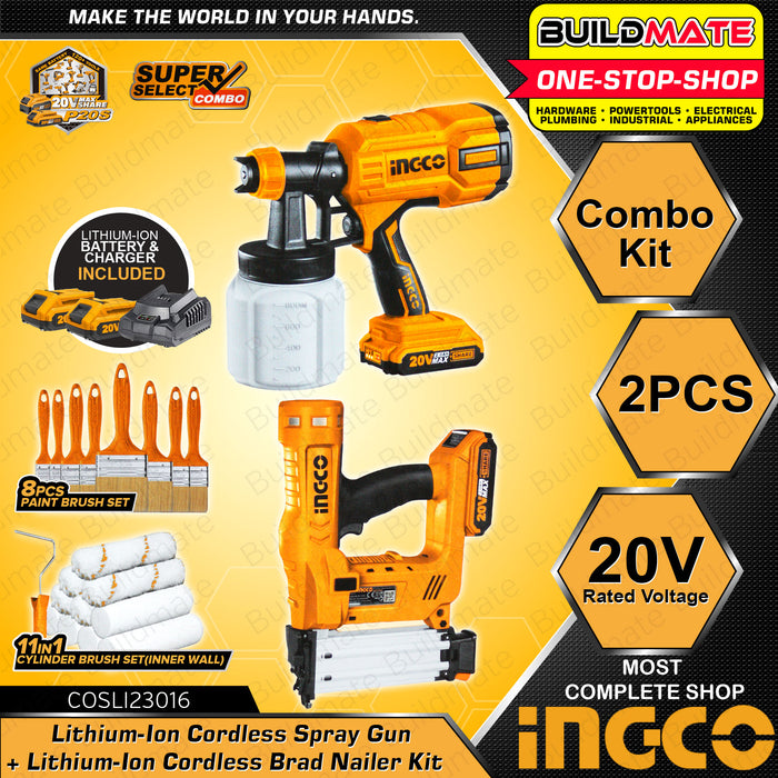 [EXCLUSIVE] BUILDMATE Ingco 2PCS Combo Kit 20V Cordless Brad Nailer HVLP Paint Spray Gun Roller Paint Brush Set Battery & Charger Combo Kit COSLI23016 • ICPT