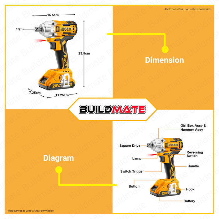 BUILDMATE Ingco Lithium-Ion Cordless 20V Brushless Impact Wrench / Driver with Cordless Drive Ratchet / Work Lamp Combo Kit Set - IPX