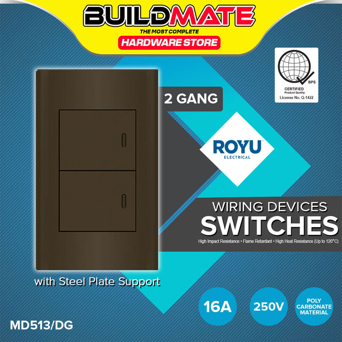 BUILDMATE Royu Plano 1 / 2 / 3 Gang Switch Set Wide Series Dark Gray with Steel Plate Support Wall Light Fire Retardant Switches