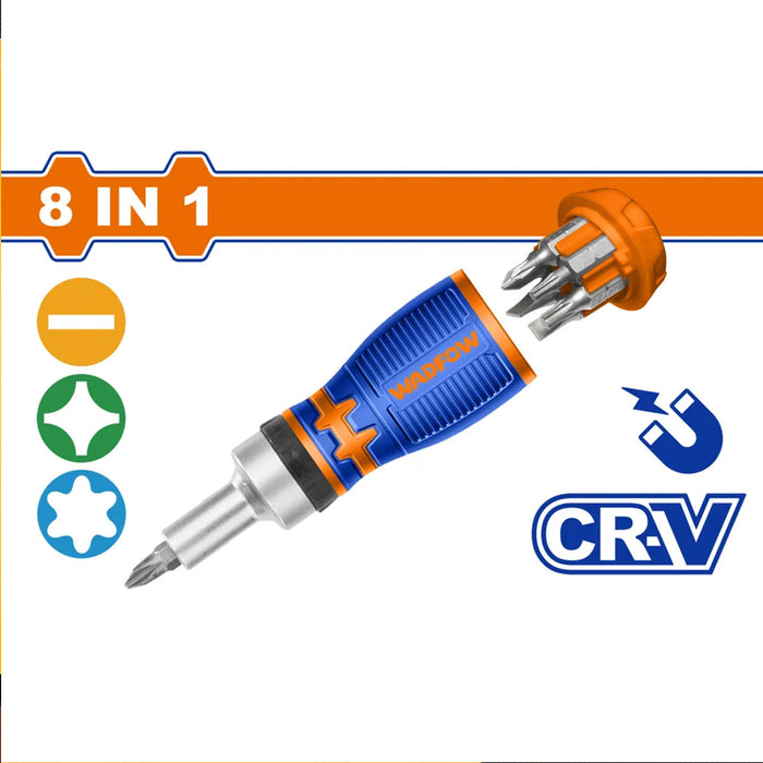 BUILDMATE Wadfow 8 IN 1 Stubby Ratchet Screwdriver Set Torx Flat Philip Screw Bits WSS8608 • WHT