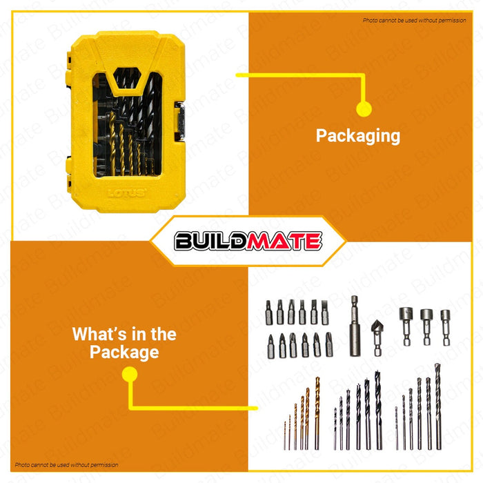 LOTUS Combi Drill Bit Set 35PCS Combination Drill Set Magnetic Impact Twist Drill Bits Precision Fit Screwdriver Bits Set for Metal, Masonry, Wood, Cement Drilling with Storage Case LTXT35CODB | 100% ORIGINAL / AUTHENTIC •BUILDMATE• LHT