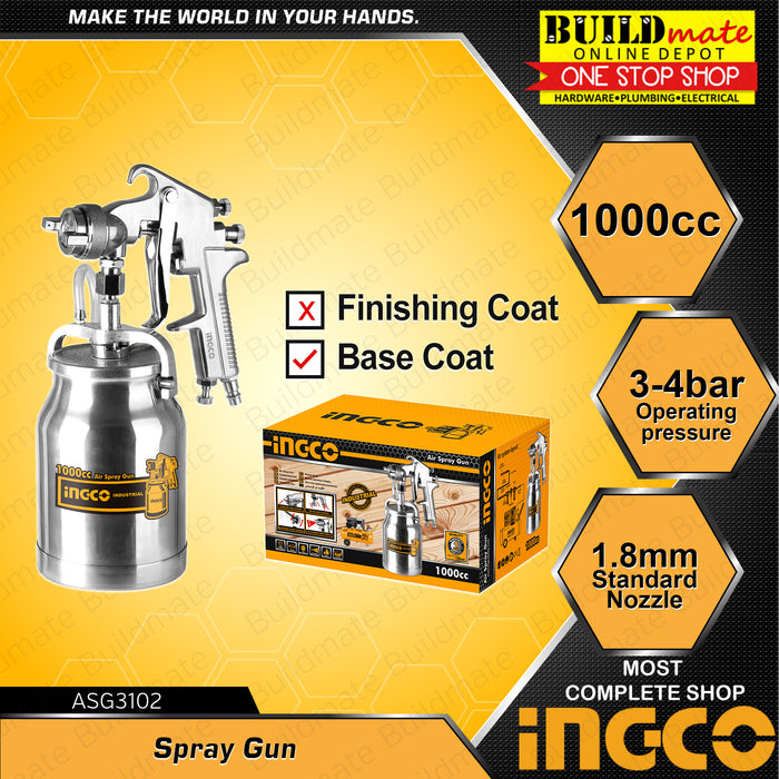 INGCO Air Spray Gun 1000CC (1.8mm Nozzle) 3-4bar Paint Spray for Base Coat ASG3102 •BUILDMATE• IHT