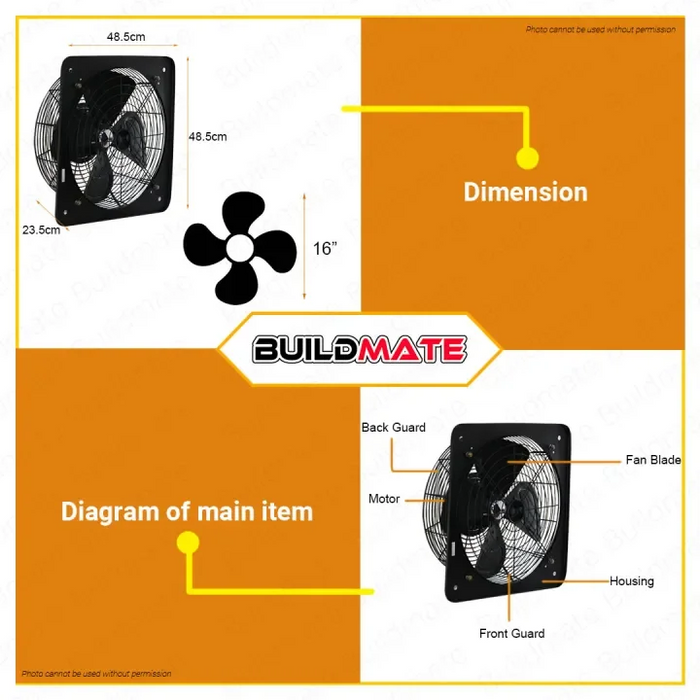 BUILDMATE Omni 16" Industrial Exhaust Fan with Grille 120W Wall Mounted Air Circulation Ventilation Wall Exhaust Ventilator Blower Extractor Fan XFV400