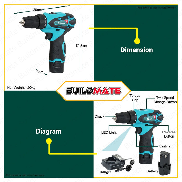 MAILTANK 12V Cordless Drill Driver Double-Speed with 2 Li-ion Batteries and Charger and Accessories Kit Set SH-191 •BUILDMATE•