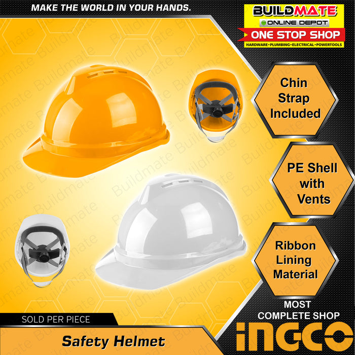 BUILDMATE Ingco Safety Helmet PE Shell with Vents White / Orange Construction Worksite Protective Hard Hat Safety Head Gear Protection HSH201 / HSH202 - IHT