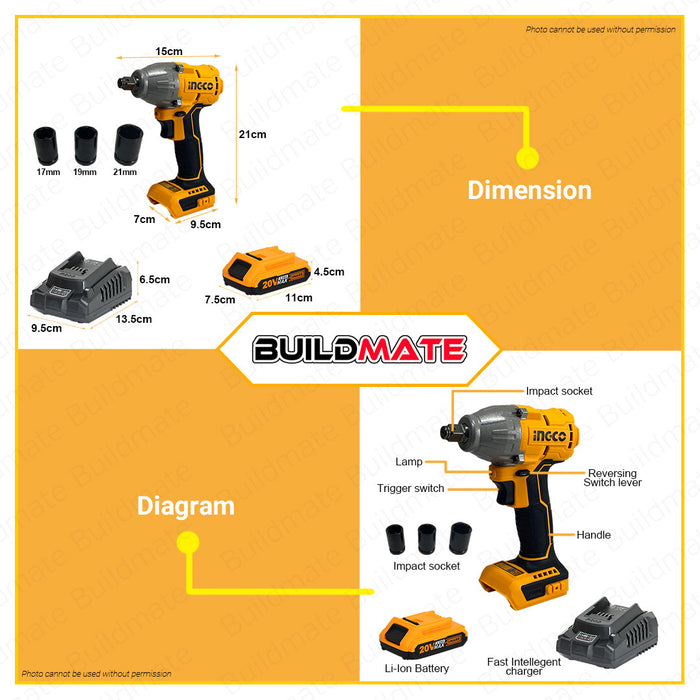 BUILDMATE Ingco Lithium-Ion Cordless 20V Brushless Impact Wrench / Driver with Cordless Drive Ratchet / Work Lamp Combo Kit Set - IPX