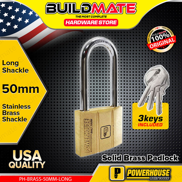 BUILDMATE Powerhouse Solid Brass Padlock LONG SHACKLE 30mm - 60mm with 3pcs Keys Anti-Theft Dual Locking Keyed Security Pad Lock - PHHT