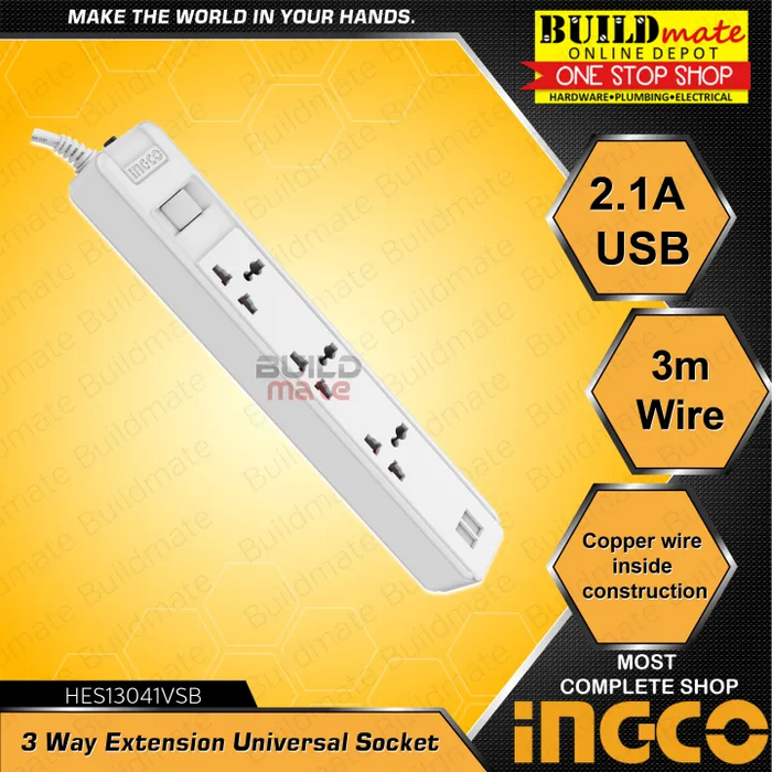 INGCO 3 Way Extension Cord Universal Socket with 2x USB 3 meter Power Strip HES13041VSB •BUILDMATE• IHT