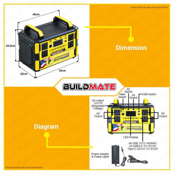 BUILDMATE Powerhouse Li-Ion Cordless Portable Electric Generator Power Station Bank  250W - 600W PHI