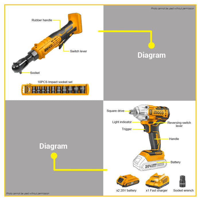 BUILDMATE Ingco Lithium-Ion Cordless 20V Brushless Impact Wrench / Driver with Cordless Drive Ratchet / Work Lamp Combo Kit Set - IPX