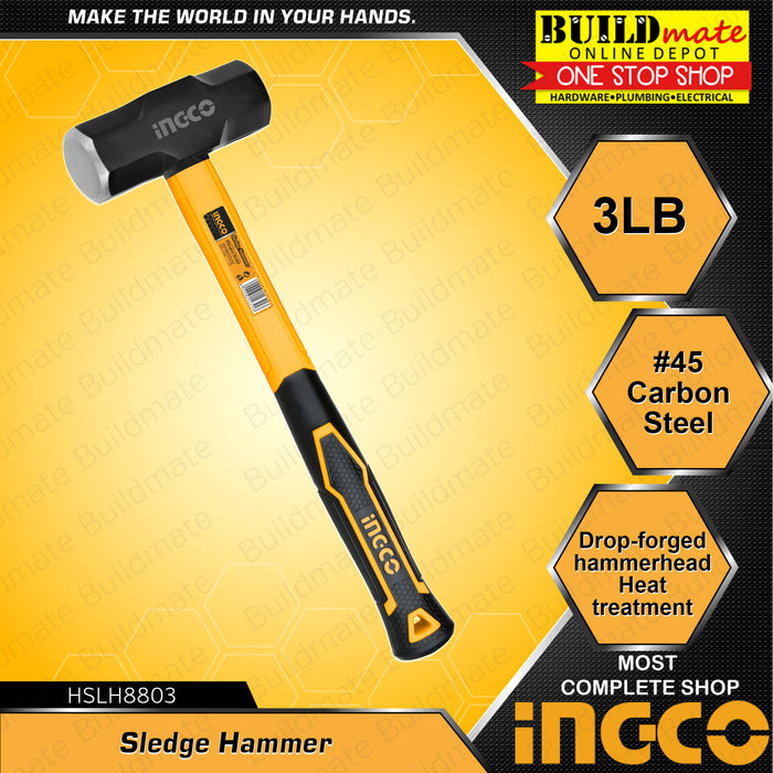INGCO Sledge Hammer Stoning Maso 3Lbs Carbon Steel w/ Fiberglass Handle HSLH8803 •BUILDMATE• IHT