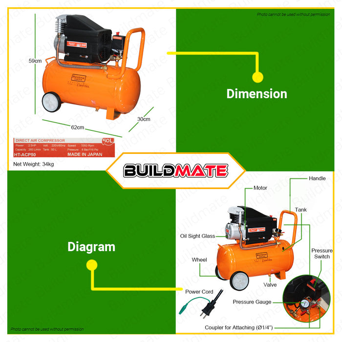 HOYOMA JAPAN 50L Air Compressor Portable Oil Noise Less HT-ACP50 •BUILDMATE•