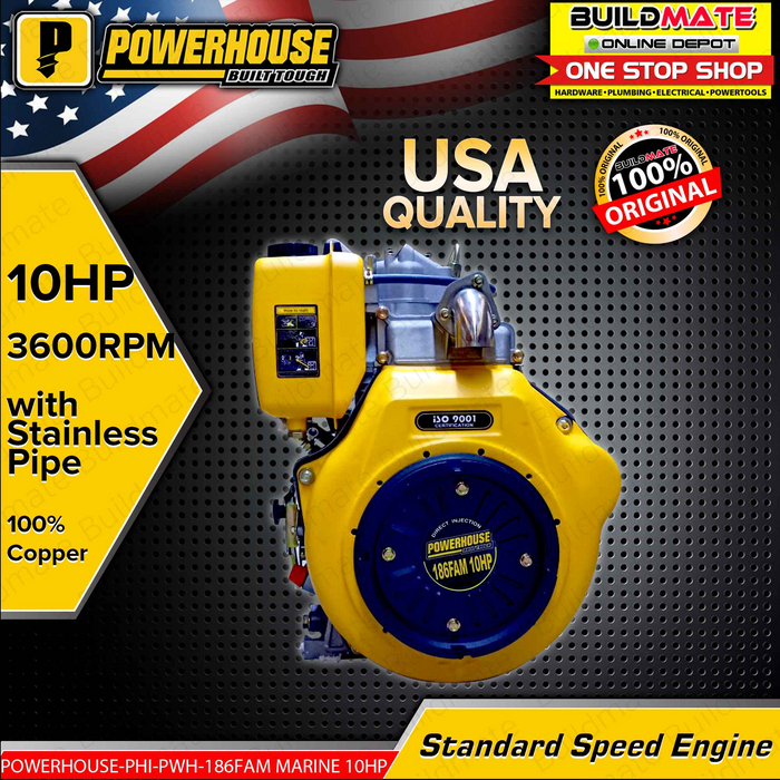 POWERHOUSE Diesel Marine Standard Speed Engine 3,600rpm w/ Stainless Pipe 10HP PWH-186FAM MARINE PHI