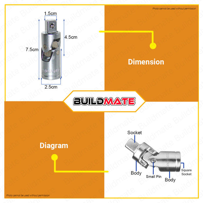 BUILDMATE Wadfow Universal Joint 1/2" Inch Spark Plug Socket Wrench Ratchet Angle Extension Bar Adapter WSC2212 / WMS4212 - WHT