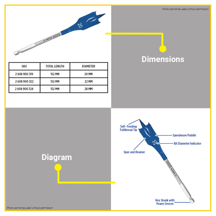 BUILDMATE Bosch 152MM Expert Self Cut Speed Spade Bits for Flat Wood Drilling 1/4" Hex Shank - BAX