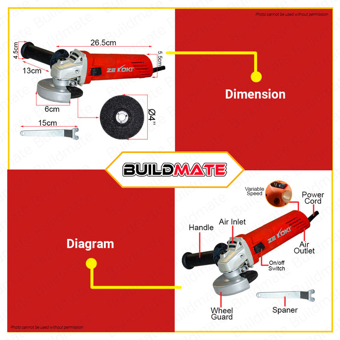 BUILDMATE Zekoki Angle Grinder 720W | 850W 100mm Electric Grinder Cutting Machine Grinding Wheels