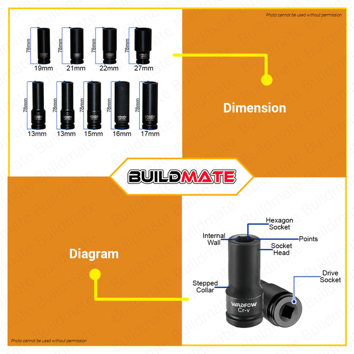 WADFOW 1/2" Inch Deep Impact Socket 10MM to 27MM [SOLD PER PIECE] Impact Socket Wrench Cold Extrusion Drive Impact Sockets Deep Sockets Black Cr-V Steel Metric Deep Impact Wrench Socket Hand Tool •BUILDMATE• WHT