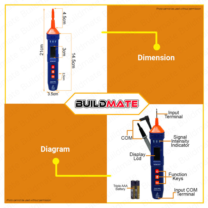 BUILDMATE Wadfow Digital Multimeter Tester 4000Counts CAT III 600V DC AC Volt Multimeter Electric Tester DC Voltage Tester AC Voltage Tester WDM3501 • WPT