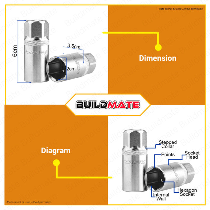 WADFOW 1/2" Inch Drive Spark Plug Socket 16MM | 21MM Deep Thin Wall Sockets CR-V Steel Hand Tool WSC4216 | WCS4221 •BUILDMATE• WHT