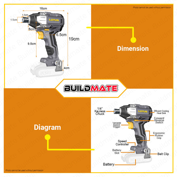 BUILDMATE Lotus Lithium-Ion Cordless Brushless 18V / 20V Impact Driver Drill 1/4" Inch Hex Drive UNIT ONLY - LCPT