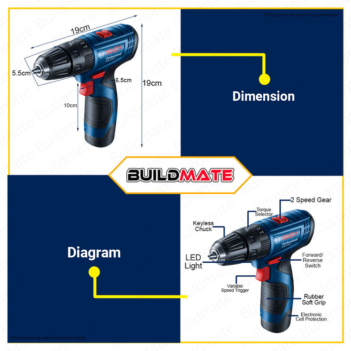 BOSCH Cordless Drill Driver Set 12V With Battery, Charger, Accessories & Case Electric Drill Cordless Driver Drill Kit Set GSB120-LI 06019G81K5 •BUILDMATE• COC