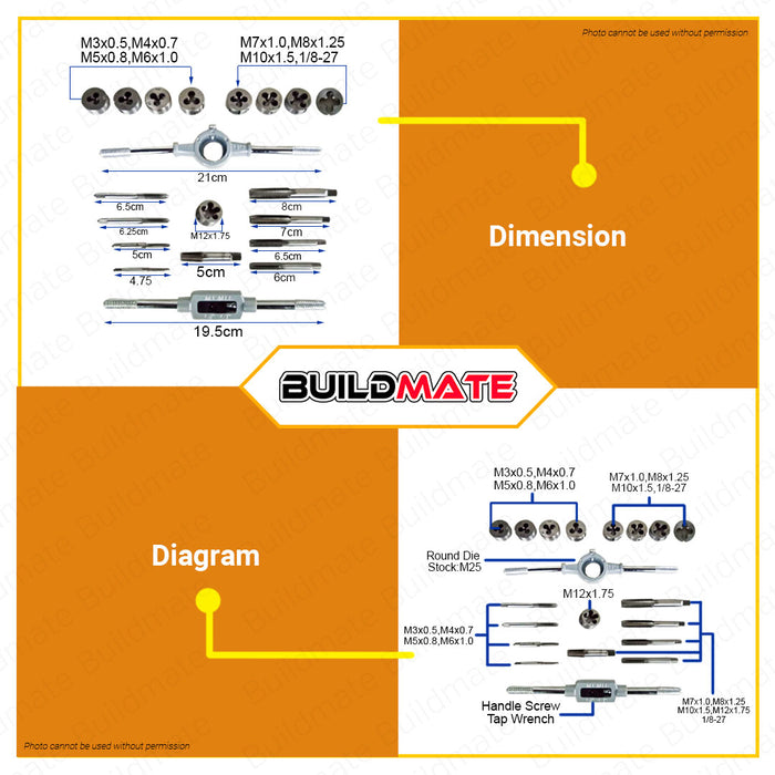 WADFOW Metric Tap And Die Set 12PCS | 20PCS [SOLD PER SET] Ratcheting Tap and Die Drive Tool w/ Case Threading Tool Set Threading Tap And Die Bits Set WAJ1L01 | WAJ1L02 •BUILDMATE• WHT
