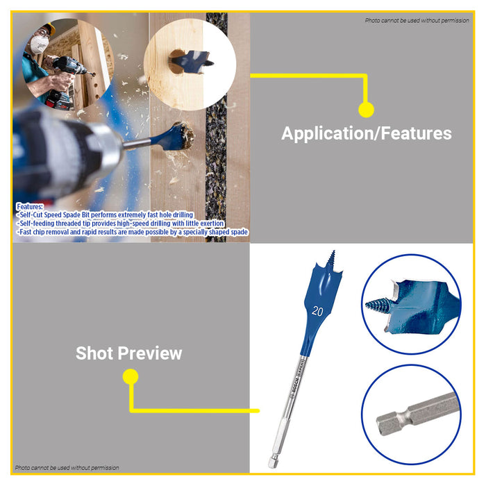 BUILDMATE Bosch 152MM Expert Self Cut Speed Spade Bits for Flat Wood Drilling 1/4" Hex Shank - BAX