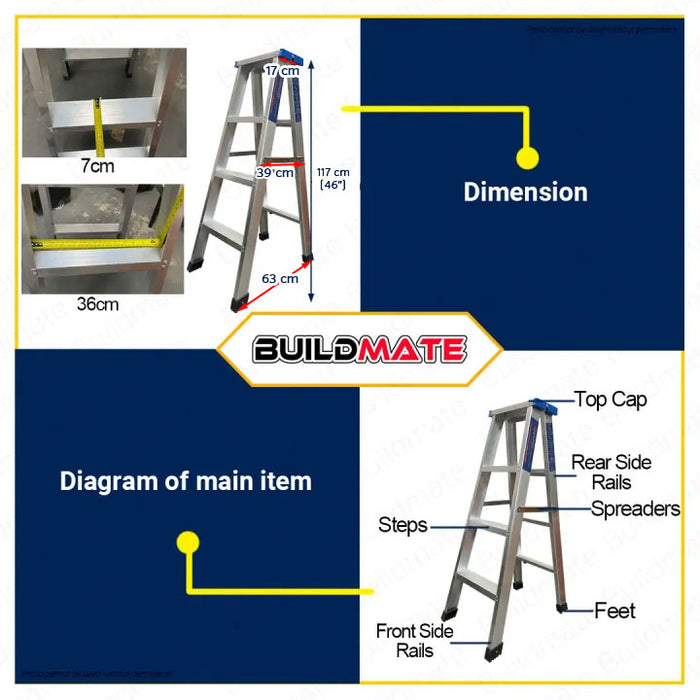 BUILDMATE Oxford England Aluminum Step Ladder 4 Steps Lightweight Heavy Duty Folding Ladder