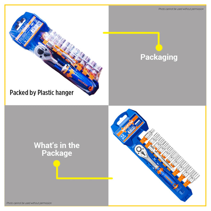 BUILDMATE Wadfow 12pcs Socket Set 1/4" | 3/8" | 1/2"With Ratchet Handle & Extension Bar Mechanics Socket Tool Kit for DIY Home Use & Automotive Repair - WHT