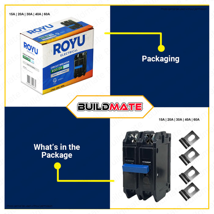 BUILDMATE Royu Mini Circuit Breaker Bolt-On Type Screw Terminal 2 Pole 15A | 20A | 30A | 40A | 60A | 100A [SOLD PER PIECE] Electrical Safety Breaker Safety Circuit Breaker Electrical Outlet Cover Electrical Circuit Safety •