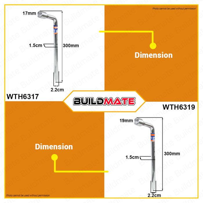 BUILDMATE Wadfow L Type Wrench 17MM | 19MM [SOLD PER PIECE] Tire Iron Lug Wrench L-type Lug Nut Wrench with Screwdriver Crowbar Hexagon Slotted End Socket and Tire Bar, Car Spare Tire Repair Tool WTH6317 | WTH6319 • WHT