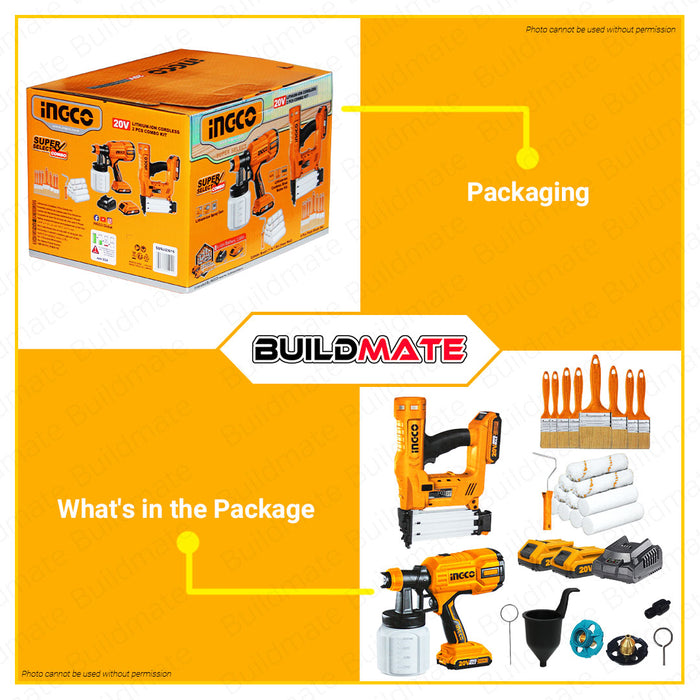 [EXCLUSIVE] BUILDMATE Ingco 2PCS Combo Kit 20V Cordless Brad Nailer HVLP Paint Spray Gun Roller Paint Brush Set Battery & Charger Combo Kit COSLI23016 • ICPT