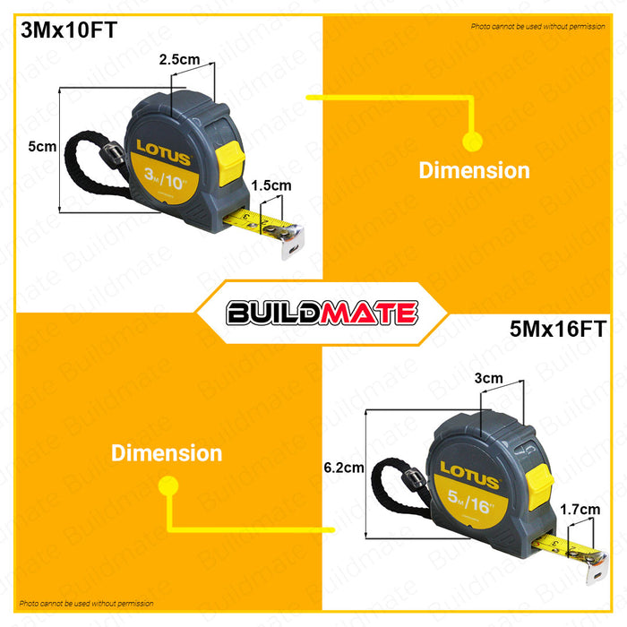 BUILDMATE Lotus Steel Tape 3M | 5M | 8M | 10M Measuring Tape Measure Fraction Scale Metric, Inch, Fraction Continuous Marking Blade Easy To Read Both Side Triple Ruler, Retractable Portable Measure Tape Tool For Professional Measurement • LHT