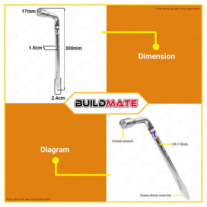 BUILDMATE Wadfow L Type Wrench 17MM | 19MM [SOLD PER PIECE] Tire Iron Lug Wrench L-type Lug Nut Wrench with Screwdriver Crowbar Hexagon Slotted End Socket and Tire Bar, Car Spare Tire Repair Tool WTH6317 | WTH6319 • WHT