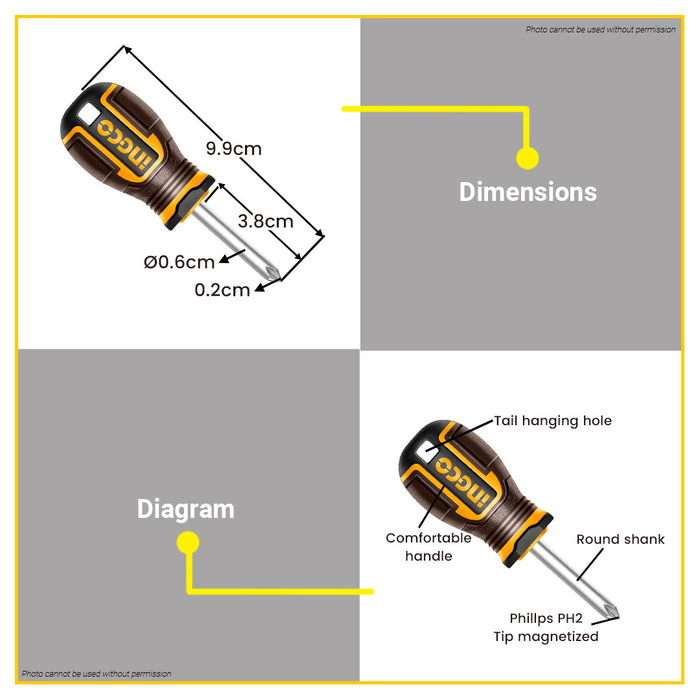 BUILDMATE Ingco Phillips Screwdriver PH2x38mm Compact Pocket Crosshead Magnetic Stubby Mini Screw Driver for Electronics & DIY HSDPH2038 - IHT