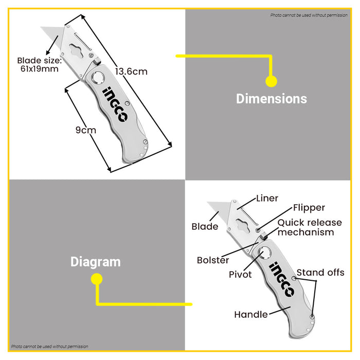 BUILDMATE Ingco Folding Knife 61x19mm Aluminum Alloy Handle Compact EDC Knives Foldable Pocket Knife With 6pcs SK5 Blades  - IHT