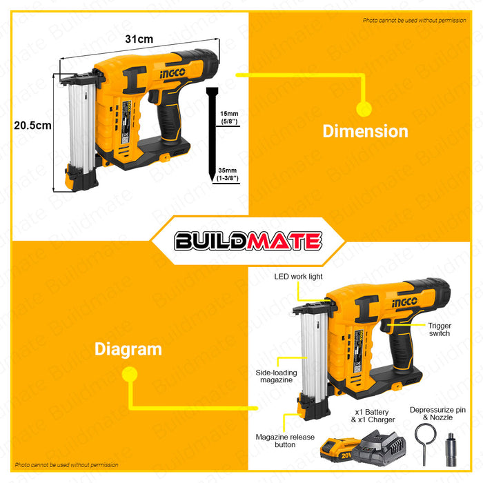 BUILDMATE Ingco Lithium-Ion Cordless 20V Brad Nailer Kit 15mm-50mm Woodworking Pin Nailer Driver Bradder Nailing Tool - ICPT