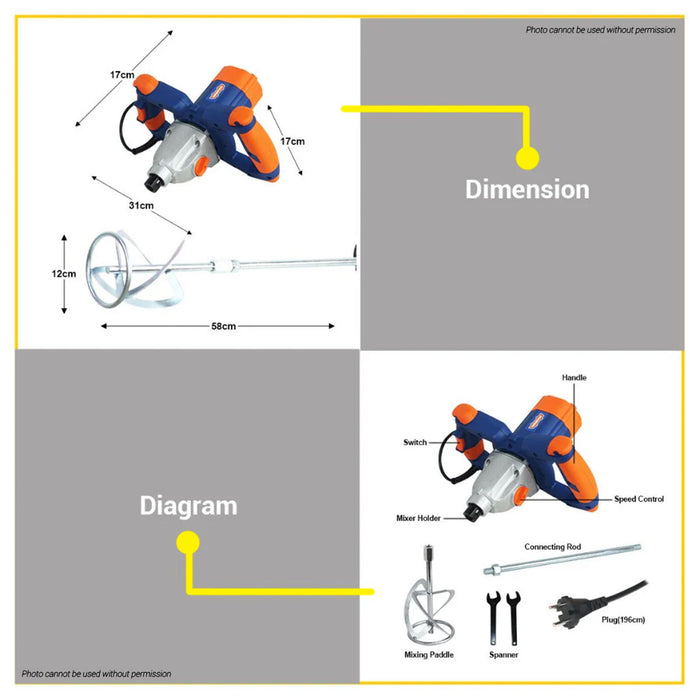 BUILDMATE Wadfow Electric Mixer 1200W With Mixing Paddle for Concrete Mortar Mud Concrete Cement Paint Job Site Power Mixer - WPT