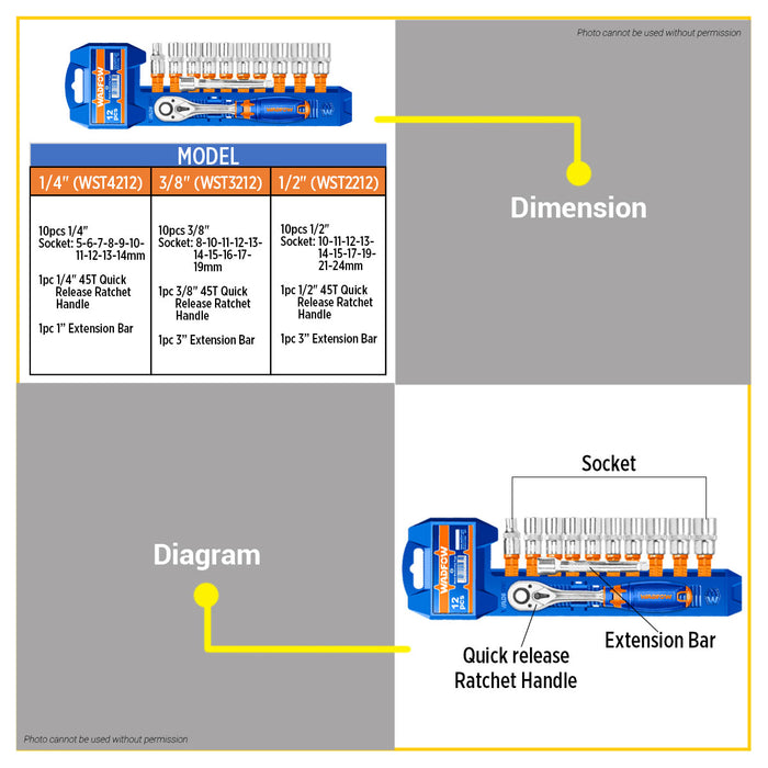 BUILDMATE Wadfow 12pcs Socket Set 1/4" | 3/8" | 1/2"With Ratchet Handle & Extension Bar Mechanics Socket Tool Kit for DIY Home Use & Automotive Repair - WHT