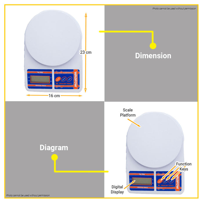 BUILDMATE Wadfow Electronic Kitchen Scale 5g-10kg Digital Measuring Weighing Tare Function Scale Weight Measurement Tools Timbangan WKE1502 - WHT