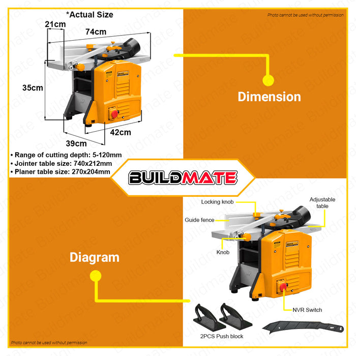 BUILDMATE Ingco Wood Jointer and Planer 1500W 8" Inch Planer/Jointer Electric Benchtop Jointer for Woodworking Tool Planning Wood Power Planer JAP15001 • IPT