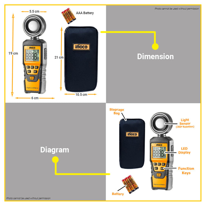 BUILDMATE Ingco Digital Light Luxmeter 0~100000LUX Light Brightness Measuring Lux Level Meter Tester HETLU01 - IPT