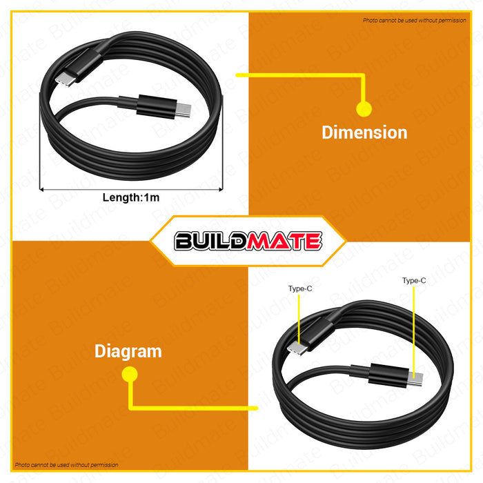 BUILDMATE Wadfow USB Type-C To Type-C Cable 1Meter Wire Cord Fast Charger & Data Transmission Quick Fast Charging Connector WUB1502 • WCPT